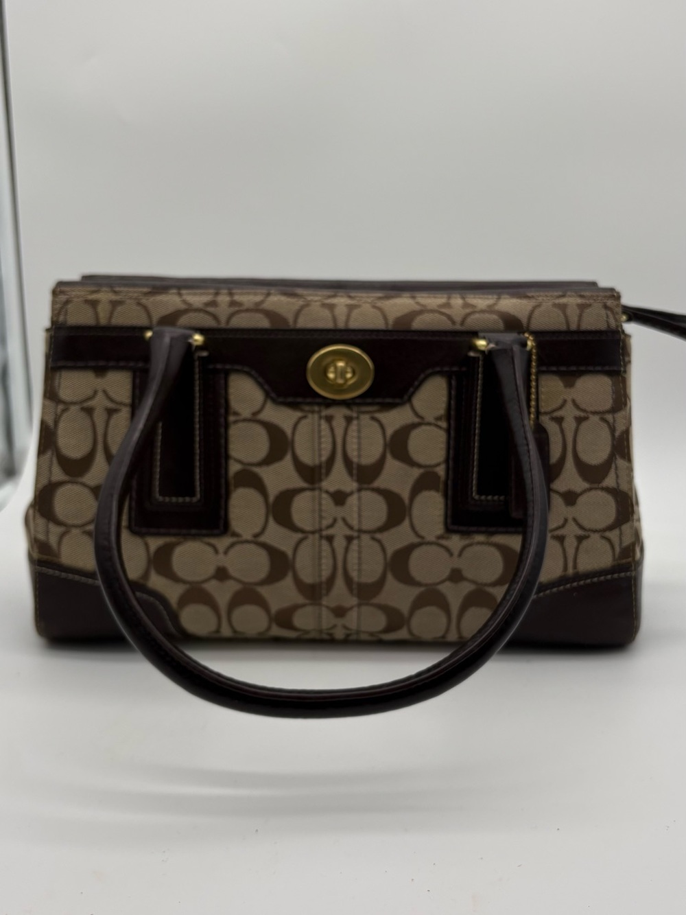 Coach Signature Canvas Satchel Brown Leather Trim Turn Lock Bag